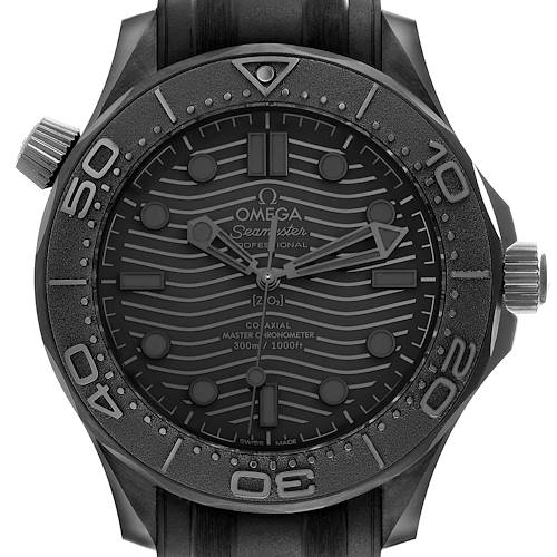 The Omega Seamaster 210.92.44.20.01.003 Men's Ceramic Black Dial 210.92.44.20.01.003 Men's Ceramic Black Dial watch is shown from a front angle, highlighting the dial, bezel, and crown.