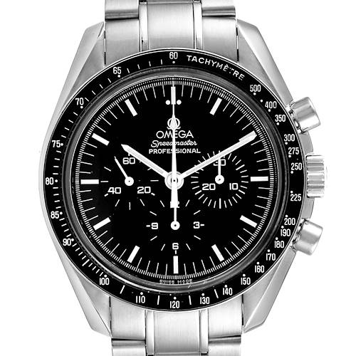 This image shows a front view of an Omega Speedmaster 3573.50.00 Men's Stainless Steel Black Dial 3573.50.00 Men's Stainless Steel Black Dial watch, highlighting its black dial, tachymeter bezel, and stainless steel bracelet.