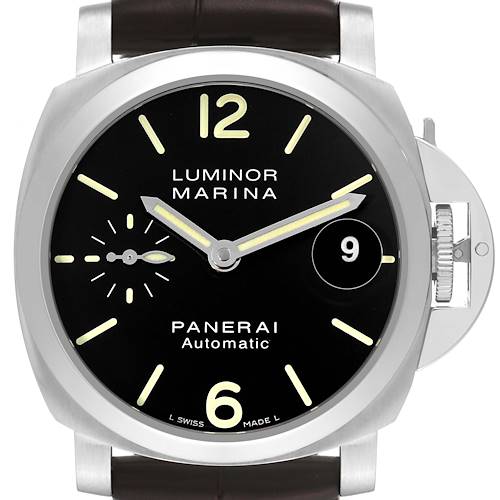The image shows a front view of a Panerai Luminor PAM00048 Men's Stainless Steel Black Dial PAM00048 Men's Stainless Steel Black Dial Marina watch, highlighting the dial, numerals, and crown guard.