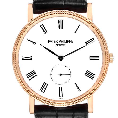 The image shows a front view of the Patek Philippe Calatrava 5119R-001 Men's Rose Gold White Dial 5119R-001 Men's Rose Gold White Dial watch, highlighting the dial, hands, and bezel.