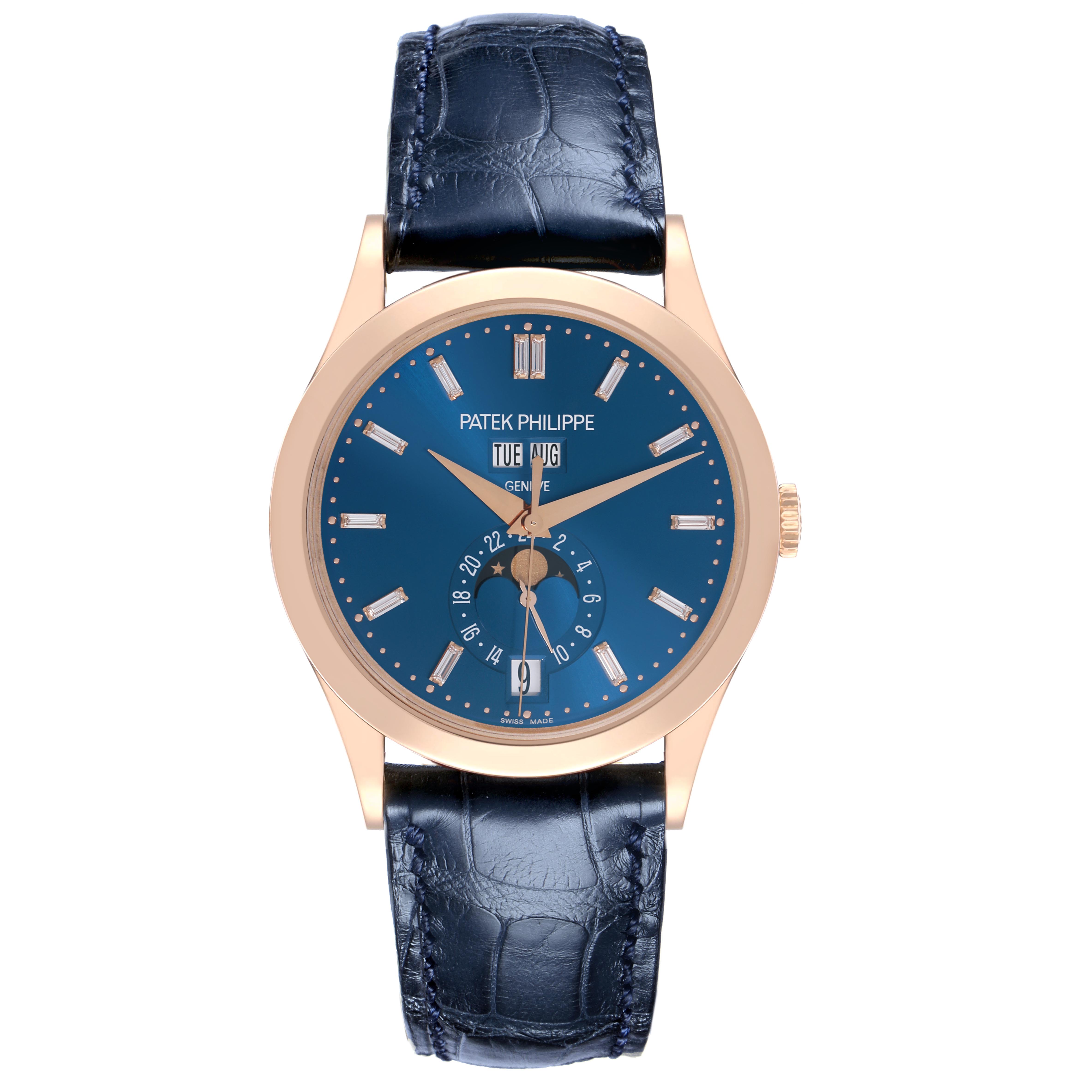 The Patek Philippe Complications 5396R-014 Men's Rose Gold Blue Dial 5396R-014 Men's Rose Gold Blue Dial watch is shown from a top-down angle, displaying the full face and strap.