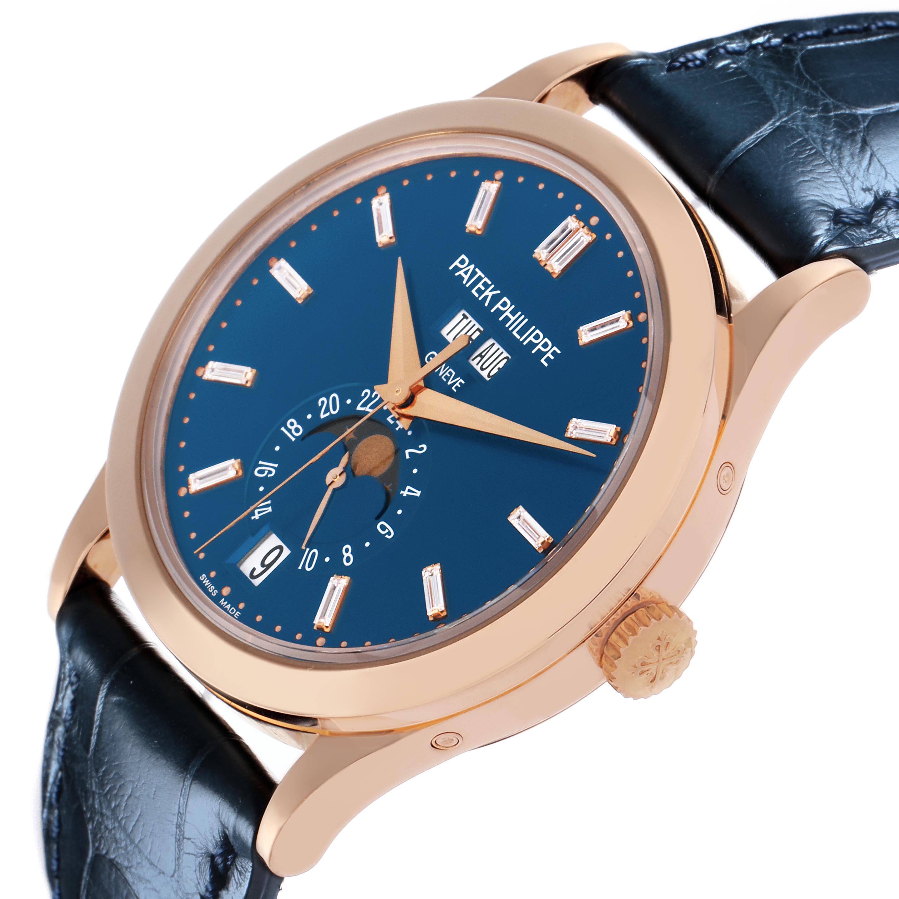 The Patek Philippe Complications 5396R-014 Men's Rose Gold Blue Dial 5396R-014 Men's Rose Gold Blue Dial watch is shown at an angled view, displaying the face, dial, crown, and part of the strap.