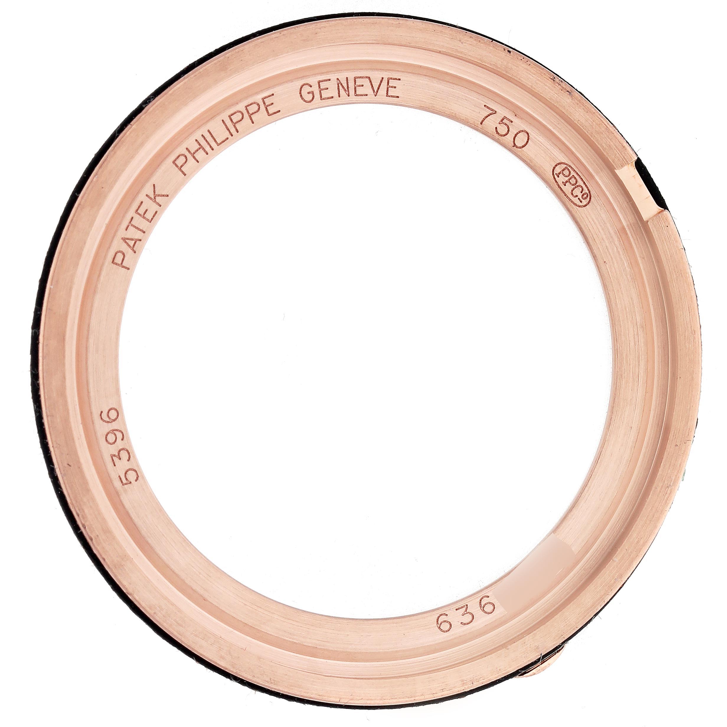 The image shows a rose gold case back ring from a Patek Philippe Complications 5396R-014 Men's Rose Gold Blue Dial 5396R-014 Men's Rose Gold Blue Dial model, viewed from above.