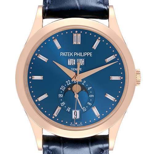 The Patek Philippe Complications 5396R-014 Men's Rose Gold Blue Dial 5396R-014 Men's Rose Gold Blue Dial watch is shown from a frontal angle, featuring a blue dial with calendar and moon phase complications.
