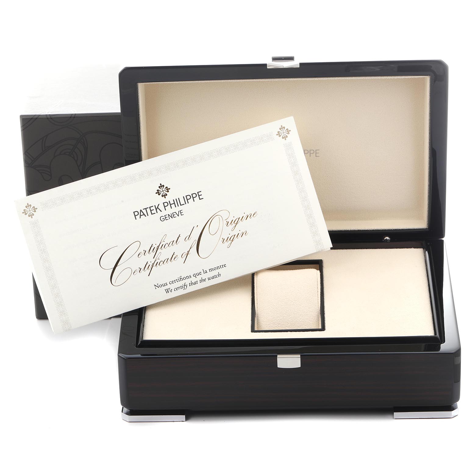 The image shows the Patek Philippe Complications 5396R-014 Men's Rose Gold Blue Dial 5396R-014 Men's Rose Gold Blue Dial box at an open angle, including the Certificate of Origin.