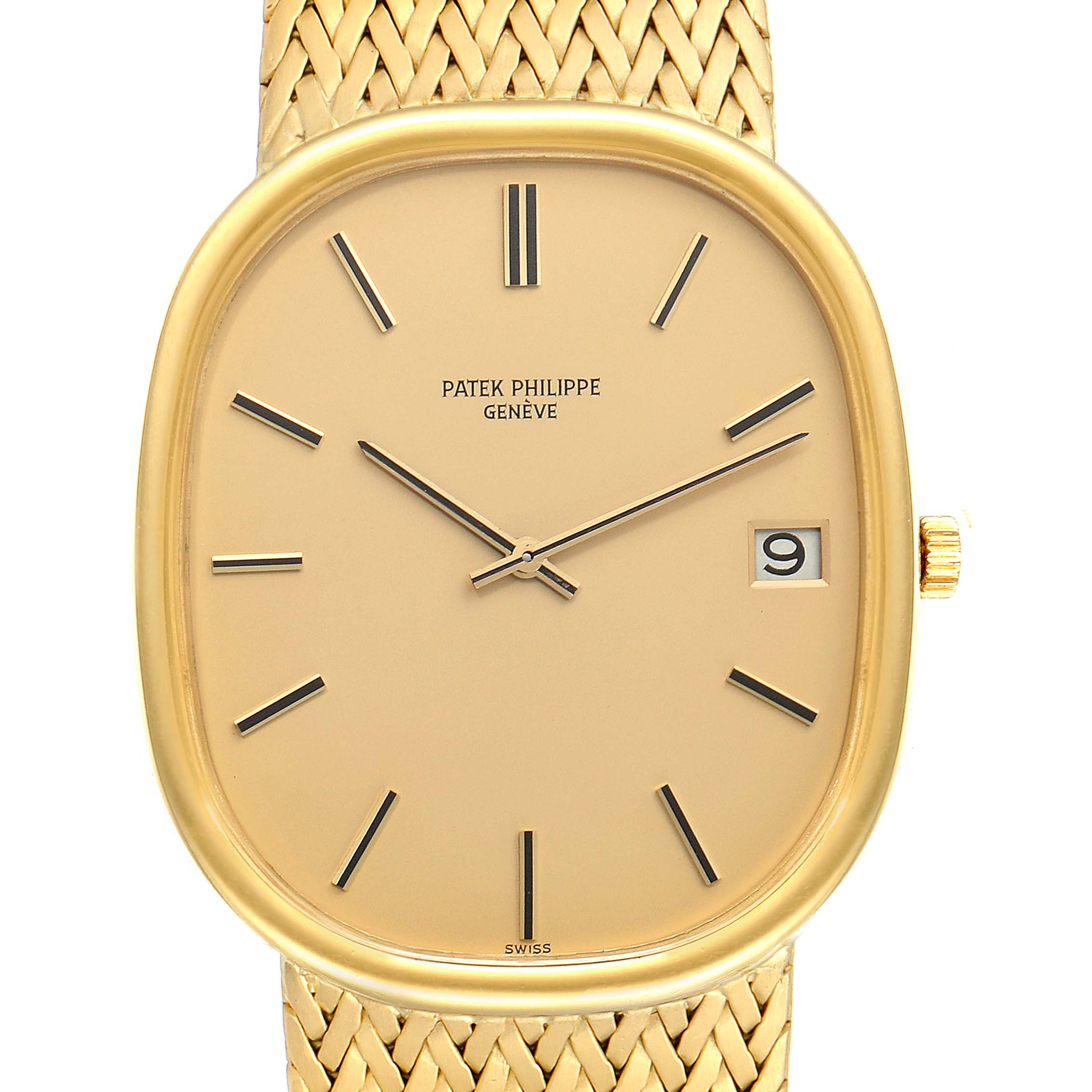 The image shows a front view of the Patek Philippe Golden Ellipse 3605 Men's Yellow Gold Champagne Dial 3605 Men's Yellow Gold Champagne Dial watch, displaying its face, date window, and part of its strap.