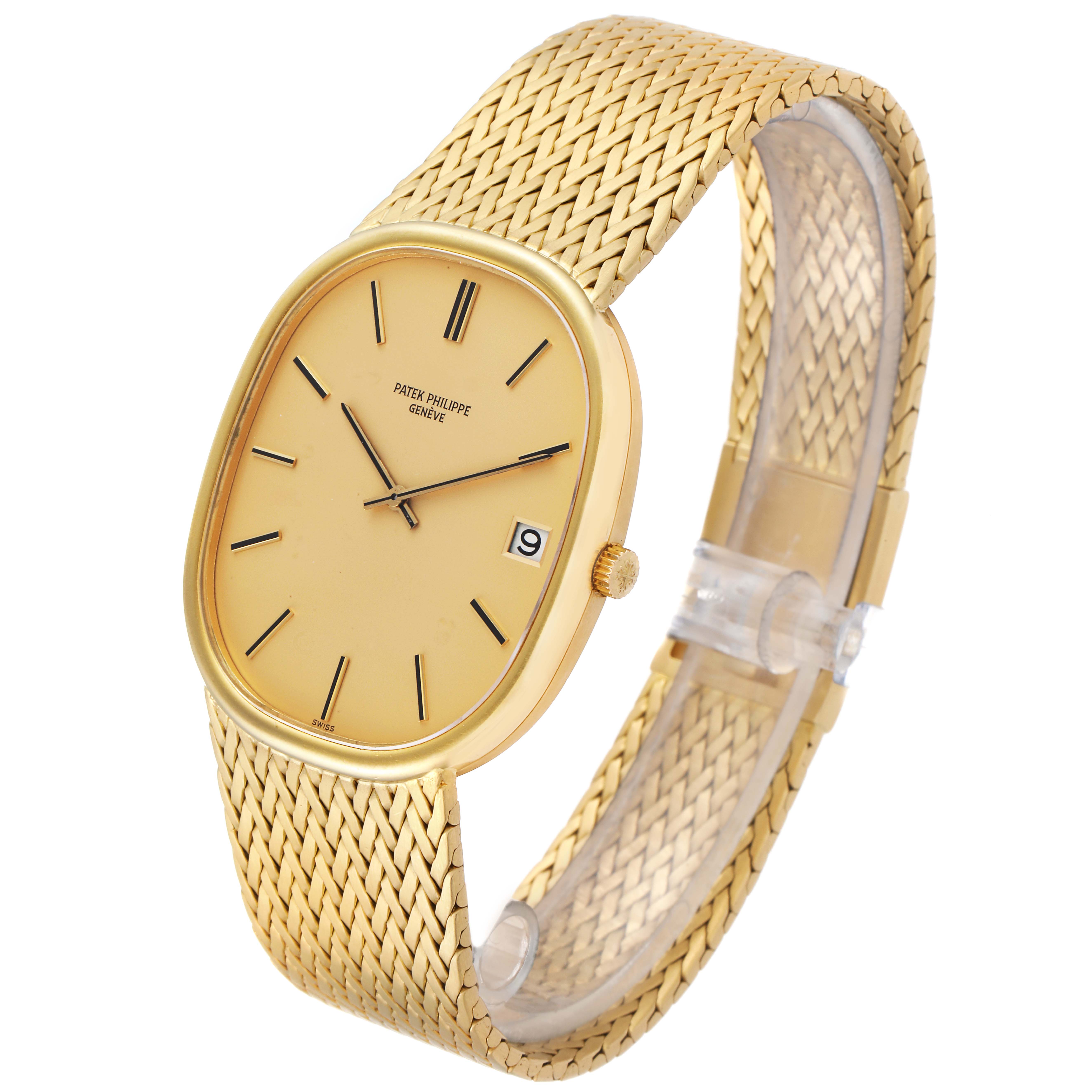 The Patek Philippe Golden Ellipse 3605 Men's Yellow Gold Champagne Dial 3605 Men's Yellow Gold Champagne Dial watch is shown at an angled view, highlighting its gold case, dial, crown, and woven bracelet.