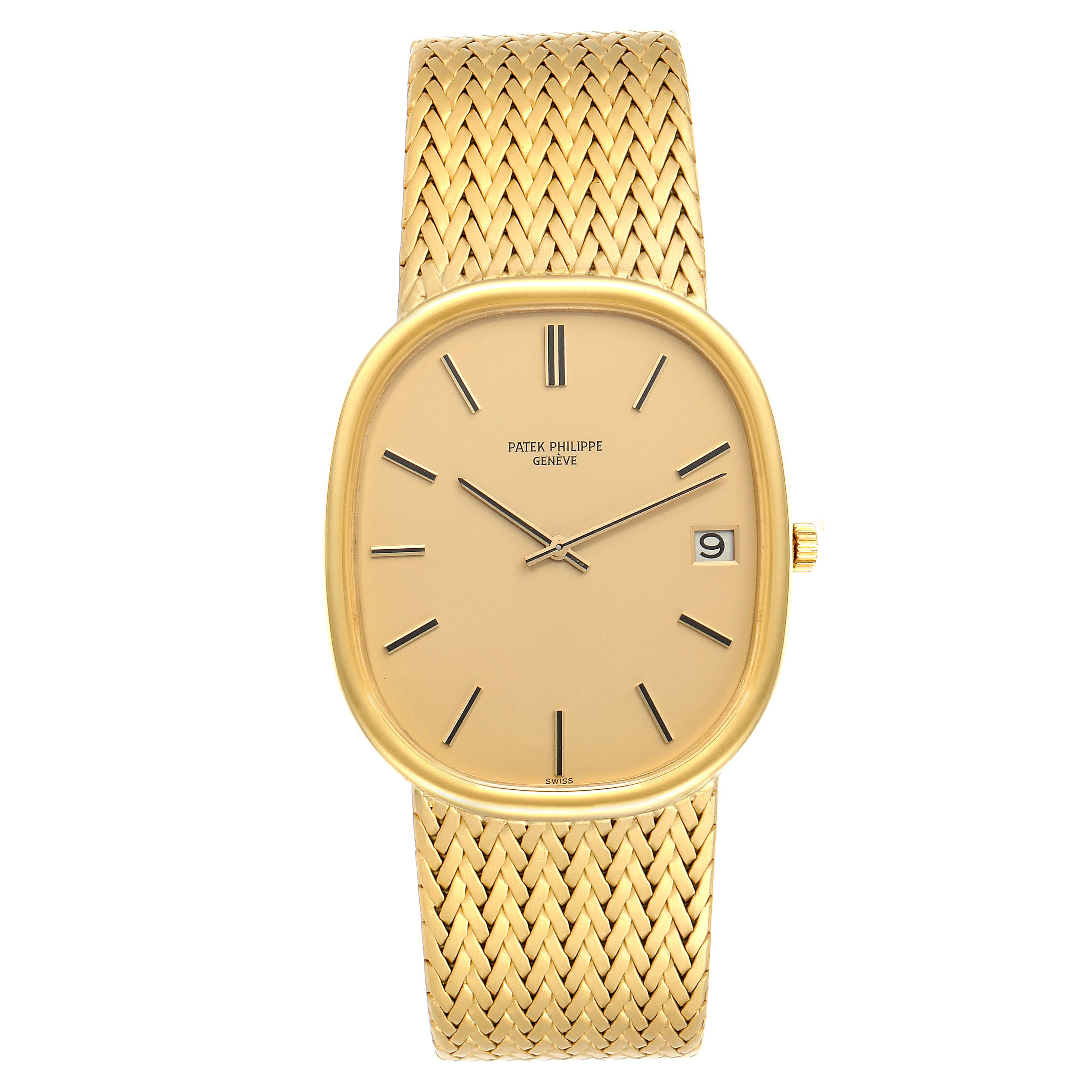 The image shows a frontal view of the Patek Philippe Golden Ellipse 3605 Men's Yellow Gold Champagne Dial 3605 Men's Yellow Gold Champagne Dial watch, displaying its dial, case, and woven bracelet.