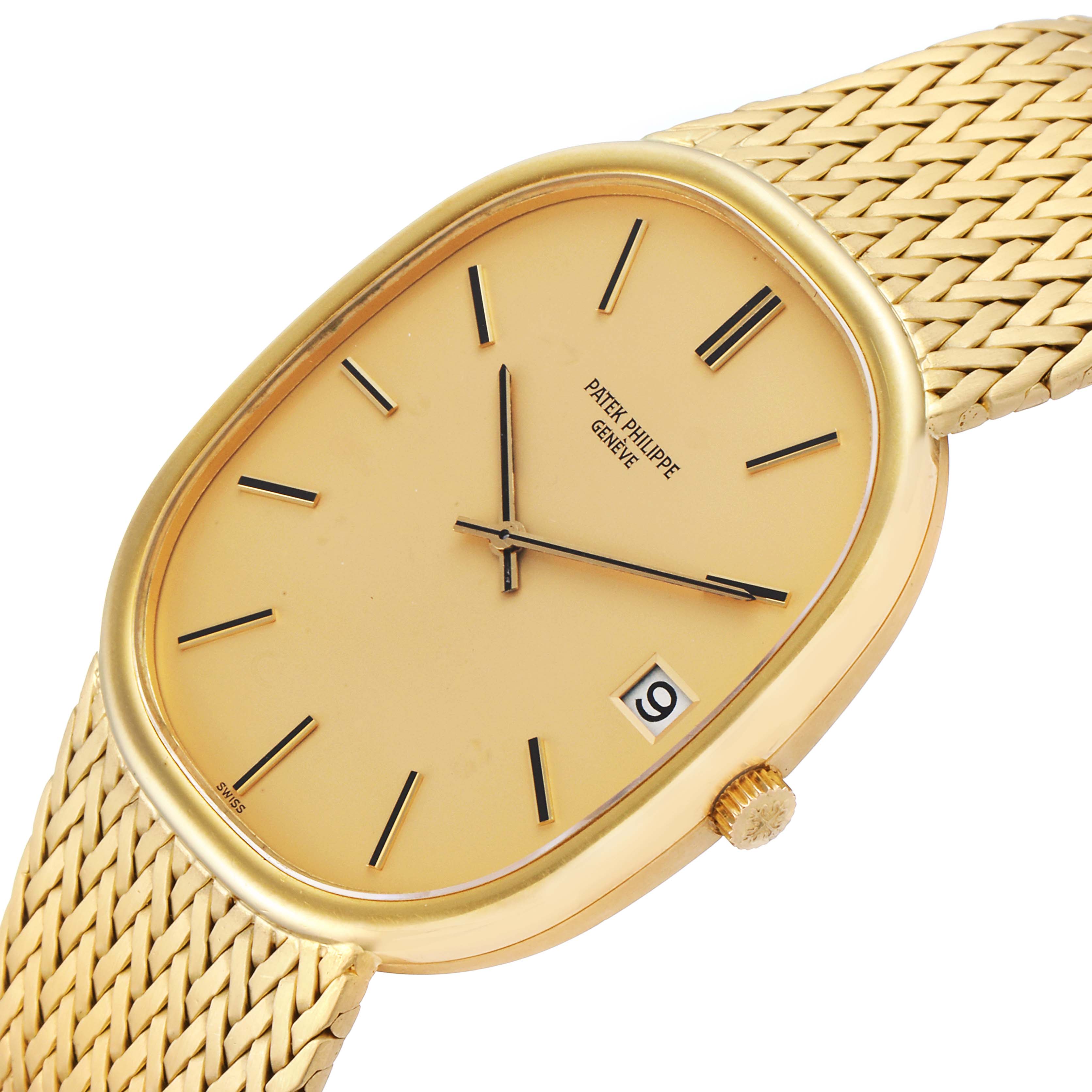 The Patek Philippe Golden Ellipse 3605 Men's Yellow Gold Champagne Dial 3605 Men's Yellow Gold Champagne Dial watch is shown at an angle displaying the face, date window, and part of the golden woven strap.