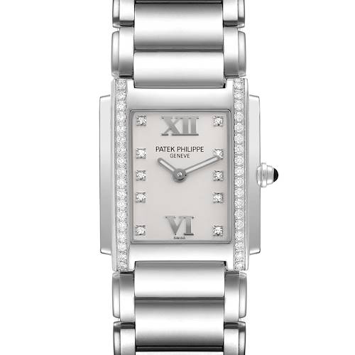 The image shows a front view of the Patek Philippe Twenty-4 4910/10A Women's Stainless Steel Silver Dial 4910/10A Women's Stainless Steel Silver Dial watch, featuring a rectangular dial, diamond accents, and a metal bracelet.