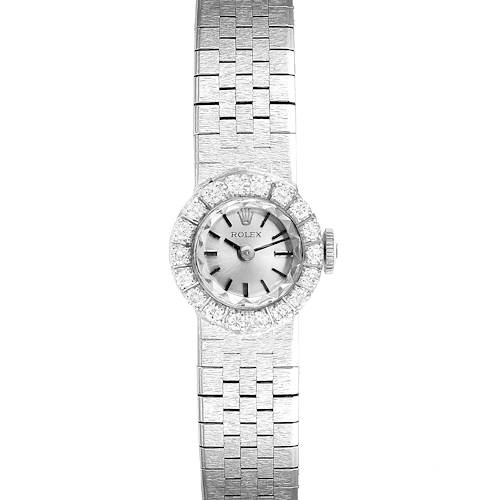The Rolex Cocktail 4431 Women's White Gold Silver Dial 4431 Women's White Gold Silver Dial model watch is shown from a top-down angle, displaying its face, bezel, and part of the bracelet.