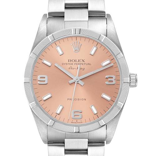 The image shows a Rolex Air-King 14010 Men's Stainless Steel Pink Dial 14010 Men's Stainless Steel Pink Dial watch from a top view, highlighting its dial, bezel, crown, and bracelet.