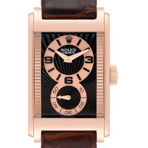 This image shows a front view of the Rolex Cellini 5442/5 Men's Rose Gold Black Dial 5442/5 Men's Rose Gold Black Dial Prince model watch with a rectangular case and brown strap.