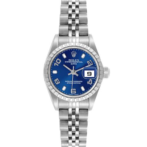 The Rolex Date 79240 Women's Stainless Steel Blue Dial 79240 Women's Stainless Steel Blue Dial model watch is shown from a front angle, highlighting the blue dial, fluted bezel, and jubilee bracelet.
