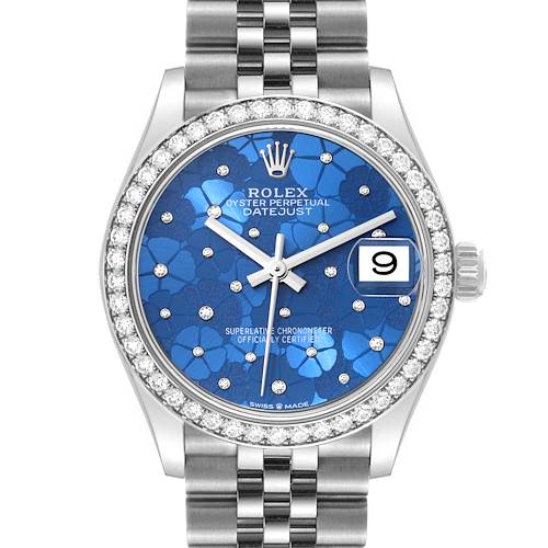 The image shows a front view of a Rolex Mid-Size 278384 Women's Stainless Steel Blue Dial 278384 Women's Stainless Steel Blue Dial Oyster Perpetual Datejust watch, highlighting the face, bezel, and bracelet.