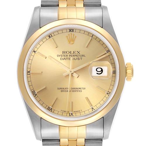 The Rolex Datejust 16203 Men's Steel and Gold (two tone) Champagne Dial 16203 Men's Steel and Gold (two tone) Champagne Dial watch is shown from the front, displaying the dial, bezel, crown, bracelet, and date window.