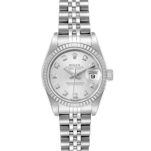 This image shows a Rolex Datejust 79174 Women's Stainless Steel Silver Dial 79174 Women's Stainless Steel Silver Dial watch, viewed from the front, highlighting its dial, hands, date window, and bracelet.
