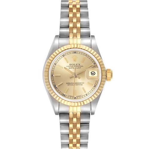 The Rolex Datejust 69173 Women's Steel and Gold (two tone) Champagne Dial 69173 Women's Steel and Gold (two tone) Champagne Dial watch is shown from a top-down angle, highlighting the dial, bezel, and bracelet.