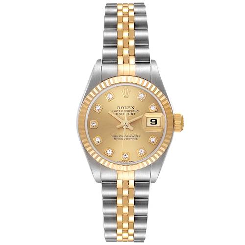 The Rolex Datejust 79173 Women's Steel and Gold (two tone) Champagne Dial 79173 Women's Steel and Gold (two tone) Champagne Dial watch is shown from a top-down angle, highlighting its two-tone bracelet, gold bezel, and diamond hour markers.