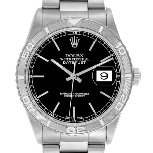 The Rolex Turn-o-Graph 16264 Men's Stainless Steel Black Dial 16264 Men's Stainless Steel Black Dial watch is shown from the front, featuring the dial, bezel, bracelet, and date window.