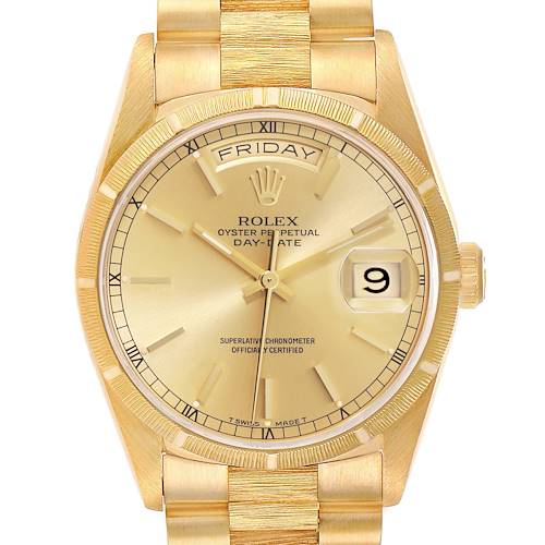 The image shows a front view of the Rolex President 18248 Men's Yellow Gold Champagne Dial 18248 Men's Yellow Gold Champagne Dial model watch, highlighting the dial, day-date window, and bracelet.