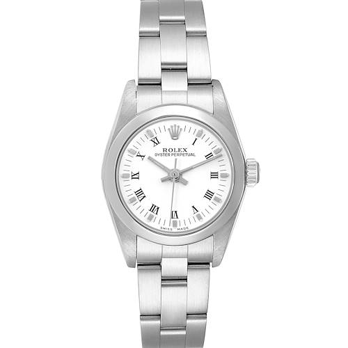 The Rolex Oyster Perpetual 76080 Women's Stainless Steel White Dial 76080 Women's Stainless Steel White Dial watch is shown from a top-down angle, highlighting the face, bezel, and part of the bracelet.
