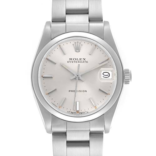 The Rolex Date 6466 Women's Stainless Steel Silver Dial 6466 Women's Stainless Steel Silver Dial watch is shown from a straight-on angle, highlighting its dial, hour markers, hands, date window, and crown.