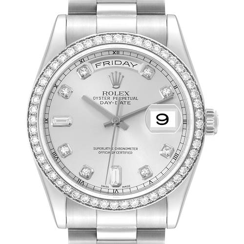 The image shows a frontal view of a Rolex President 118346 Men's Platinum Silver Dial 118346 Men's Platinum Silver Dial model watch, highlighting the bezel, dial, day-date window, and bracelet.