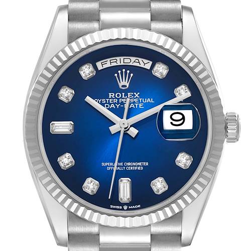 The Rolex President 128239 Men's White Gold Blue Dial 128239 Men's White Gold Blue Dial model is shown from the front, highlighting the blue dial, date window, and silver bracelet.