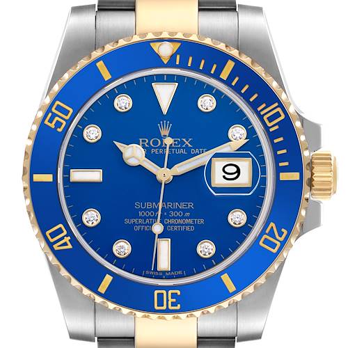 The Rolex Submariner 116613LB Men's Steel and Gold (two tone) Blue Dial 116613LB Men's Steel and Gold (two tone) Blue Dial is shown from the front, displaying its blue dial, bezel, date window, and part of the bracelet.