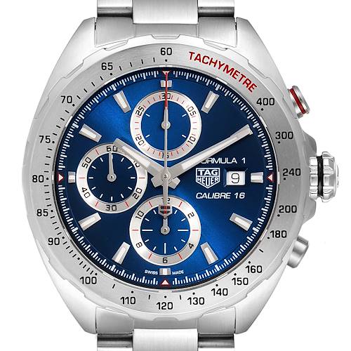 The image shows a head-on view of the Tag Heuer Formula 1 CAZ2015.BA0876 Men's Stainless Steel Blue Dial CAZ2015.BA0876 Men's Stainless Steel Blue Dial watch, focusing on the watch face with tachymeter, chronographs, and date window.