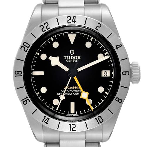 The Tudor Heritage Black Bay M79470-0001 Men's Stainless Steel Black Dial M79470-0001 Men's Stainless Steel Black Dial watch is shown from a front angle, highlighting its bezel, dial, and bracelet.