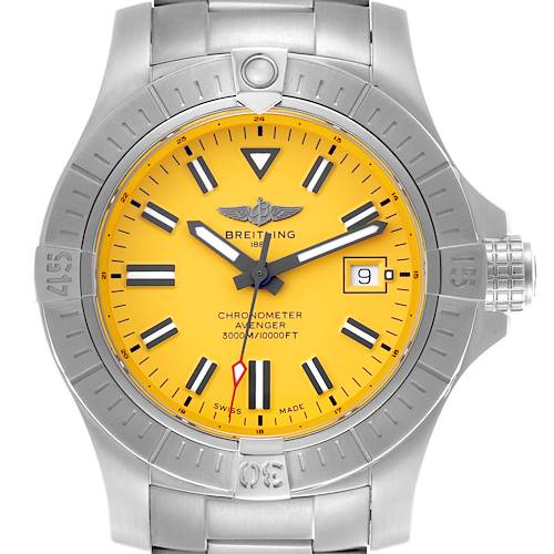 The Breitling Avenger A17319 Men's Stainless Steel Yellow Dial A17319 Men's Stainless Steel Yellow Dial watch is shown from the front, highlighting the yellow dial, bezel, and bracelet.