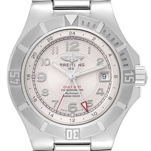 The image shows a front view of the Breitling Colt A3237011/G673 Men's Stainless Steel Silver Dial A3237011/G673 Men's Stainless Steel Silver Dial model watch, highlighting its face, bezel, and bracelet.