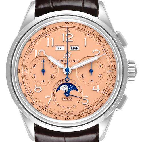 The Breitling Premier AB2510 Men's Stainless Steel Pink Dial AB2510 Men's Stainless Steel Pink Dial model watch is shown from a front angle, displaying a salmon dial, subdials, and date features.