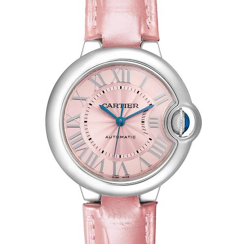 The Cartier Ballon Bleu WSBB0002 Women's Stainless Steel Pink Dial WSBB0002 Women's Stainless Steel Pink Dial watch is shown from the front, displaying the pink dial, Roman numerals, blue hands, and the crown with a cabochon.