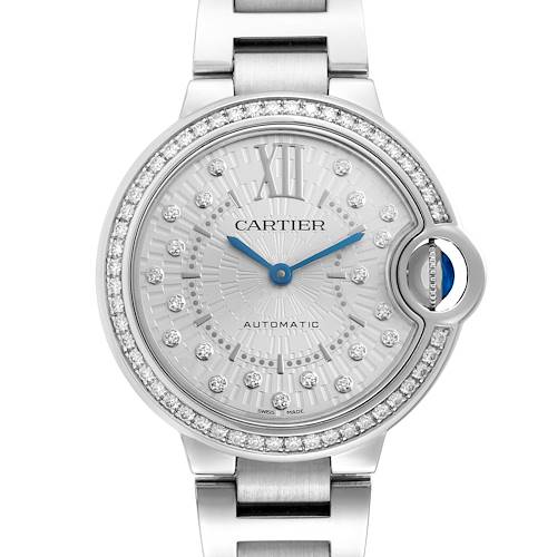The image shows a Cartier Ballon Bleu W4BB0035 Women's Stainless Steel Silver Dial W4BB0035 Women's Stainless Steel Silver Dial watch from the front, highlighting its dial, diamond bezel, and bracelet.