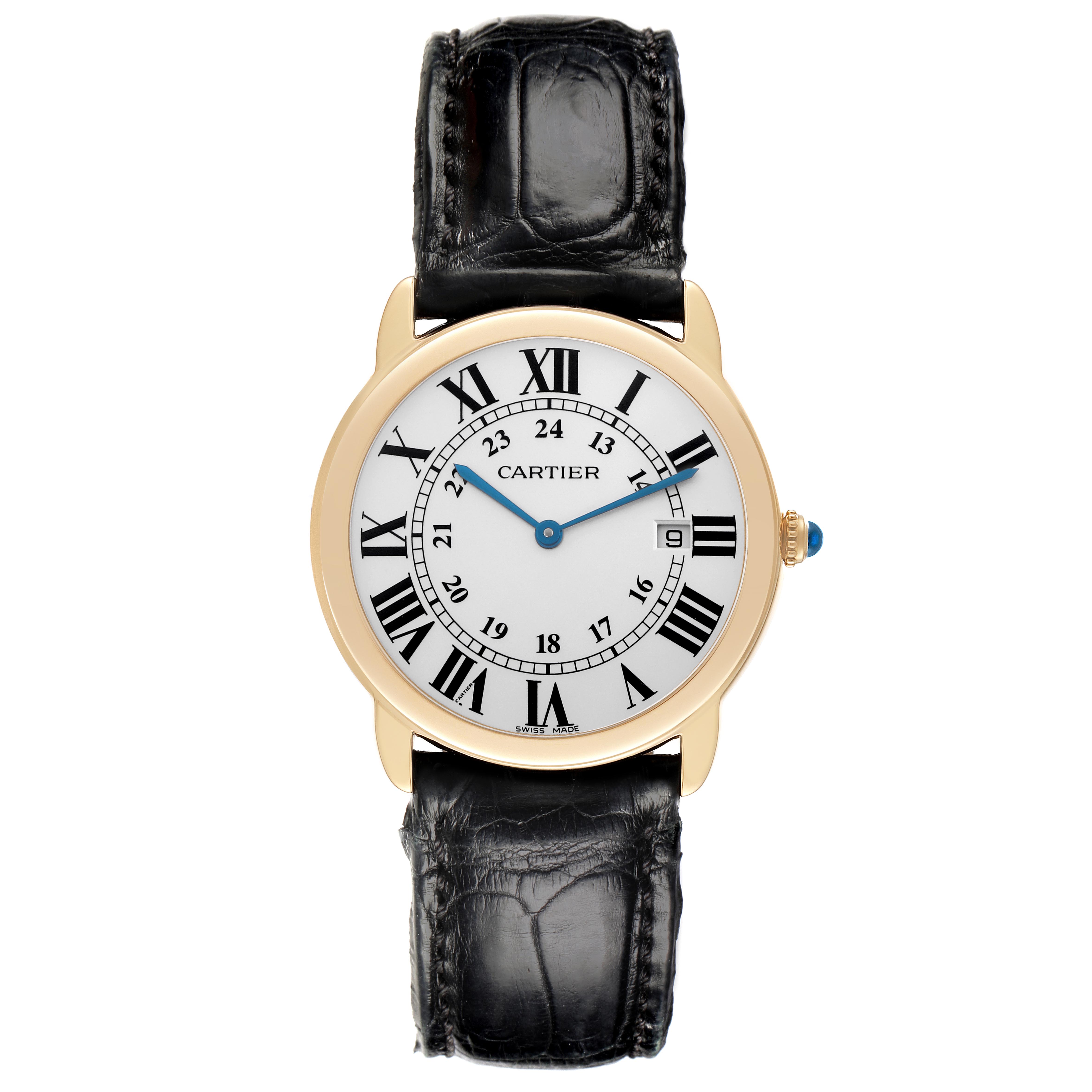 The Cartier Ronde W6700455 Men's Yellow Gold Silver Dial W6700455 Men's Yellow Gold Silver Dial model watch is shown from a top-down angle, displaying the face, Roman numerals, hands, and leather strap.