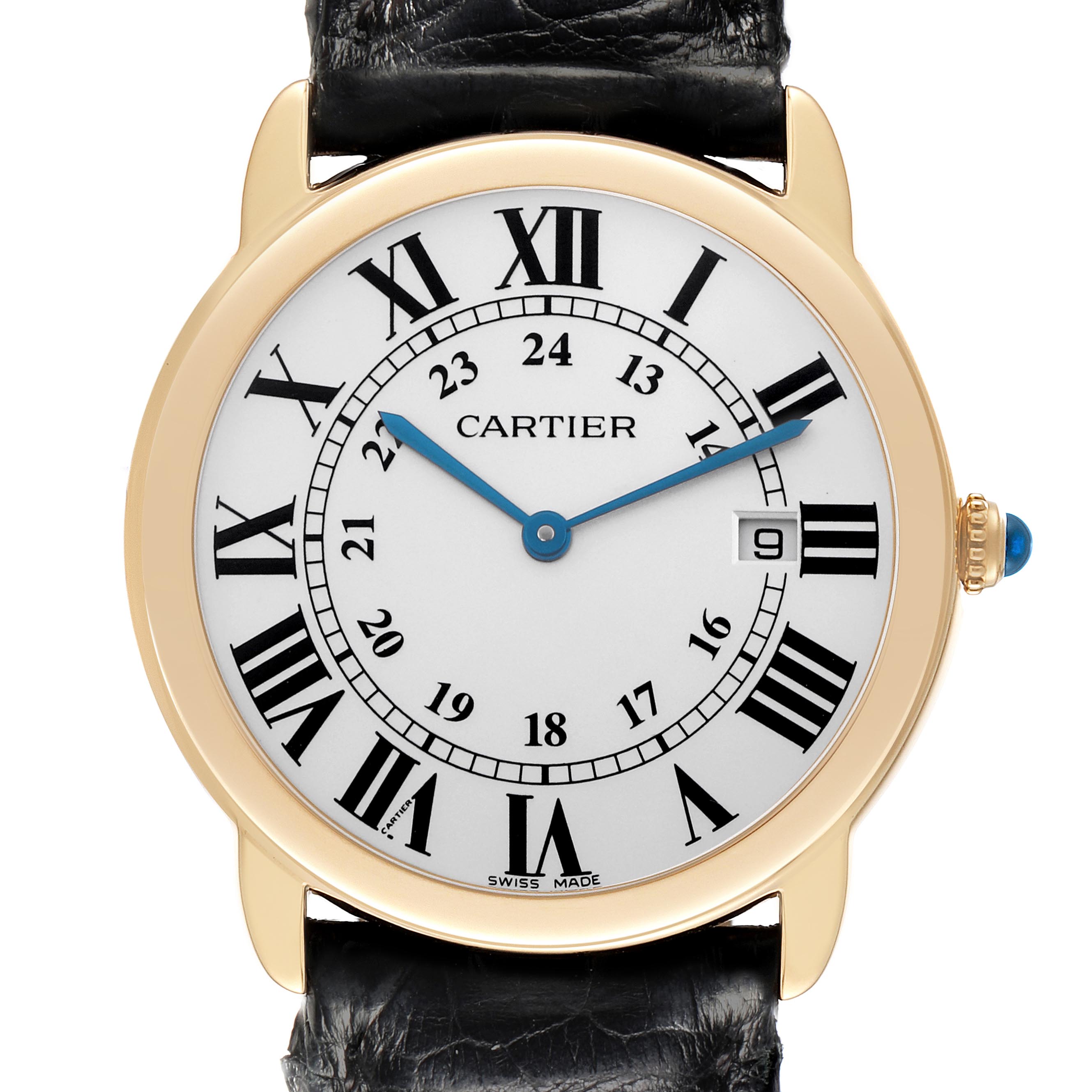 The Cartier Ronde W6700455 Men's Yellow Gold Silver Dial W6700455 Men's Yellow Gold Silver Dial watch is shown from a frontal angle, highlighting its face, Roman numerals, hands, and crown.