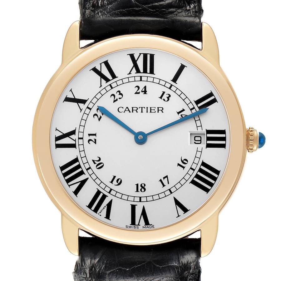The Cartier Ronde W6700455 Men's Yellow Gold Silver Dial W6700455 Men's Yellow Gold Silver Dial watch is shown from a frontal angle, highlighting its face, Roman numerals, hands, and crown.