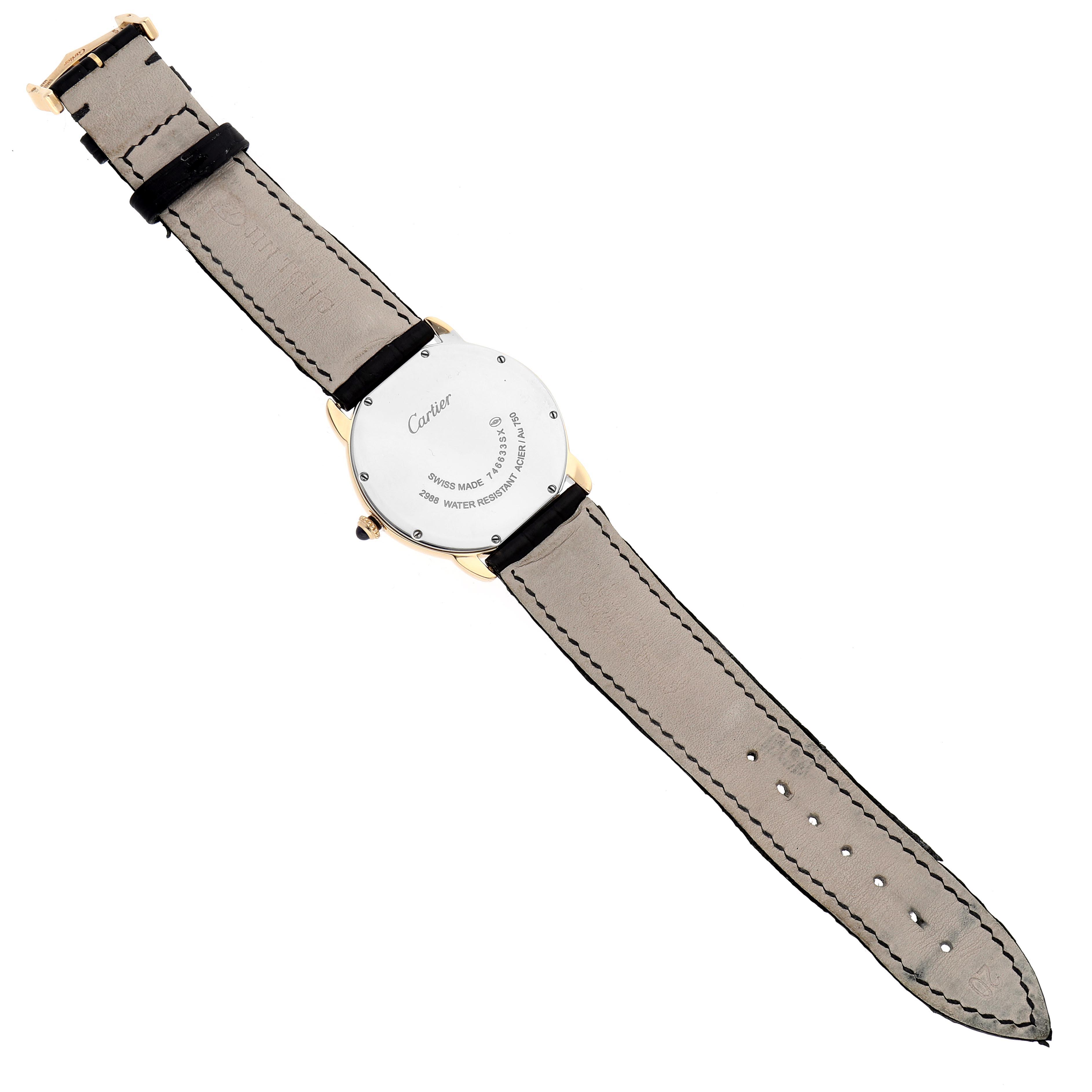 The image shows the back of the Cartier Ronde W6700455 Men's Yellow Gold Silver Dial W6700455 Men's Yellow Gold Silver Dial watch, highlighting the strap, clasp, and back casing details.