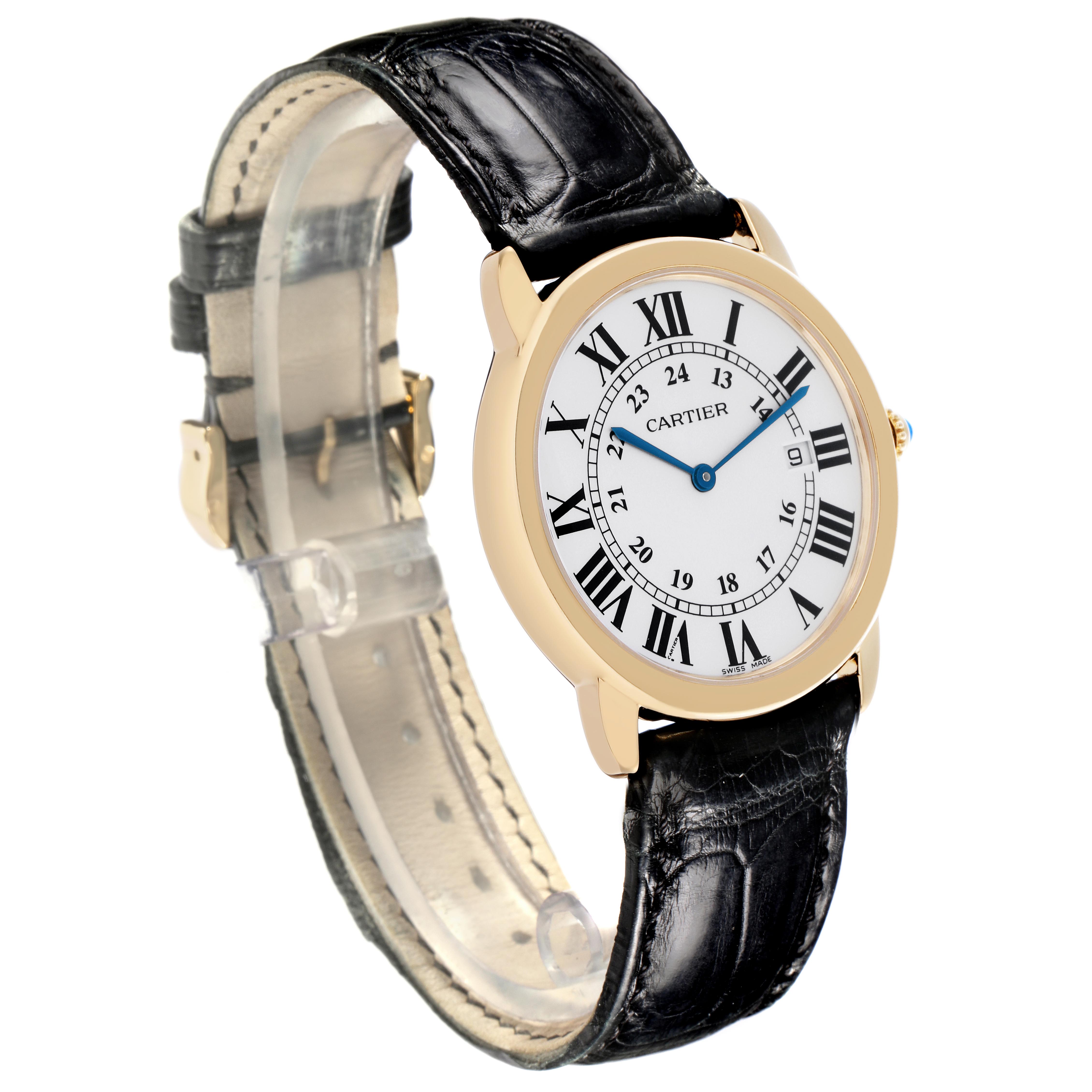 The Cartier Ronde W6700455 Men's Yellow Gold Silver Dial W6700455 Men's Yellow Gold Silver Dial watch is shown at a slight angle, displaying the face, strap, and gold case.