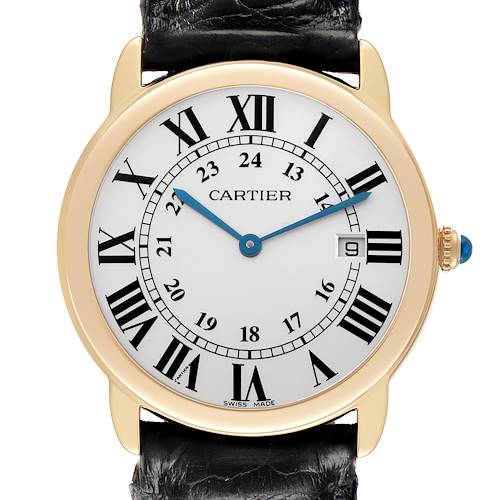 The Cartier Ronde W6700455 Men's Yellow Gold Silver Dial W6700455 Men's Yellow Gold Silver Dial watch is shown from a front angle, highlighting its dial, blue hands, Roman numerals, and a black leather strap.