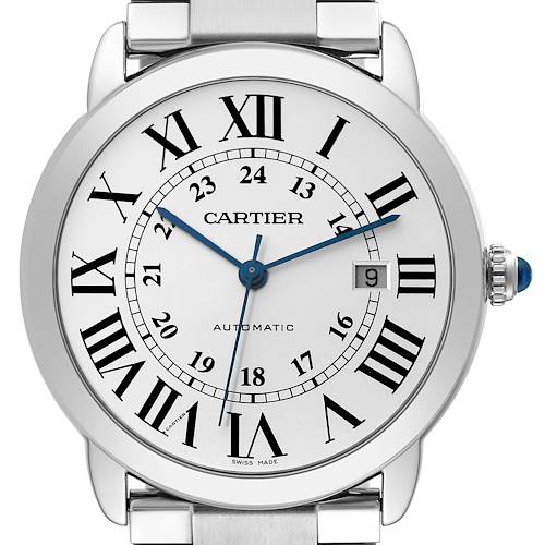 This image shows a front view of the Cartier Ronde W6701011 Men's Stainless Steel Silver Dial W6701011 Men's Stainless Steel Silver Dial model watch, featuring a silver case, Roman numerals, and a date display at three o'clock.