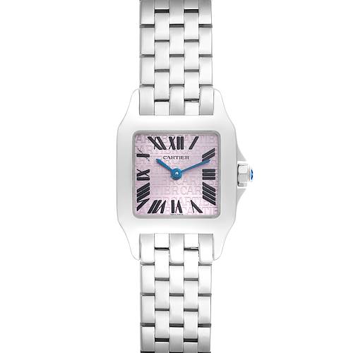 The Cartier Santos Demoiselle W2510002 Women's Stainless Steel Pink Dial W2510002 Women's Stainless Steel Pink Dial watch is shown from a top-down angle, displaying its face with Roman numerals, blue hands, and metal bracelet.