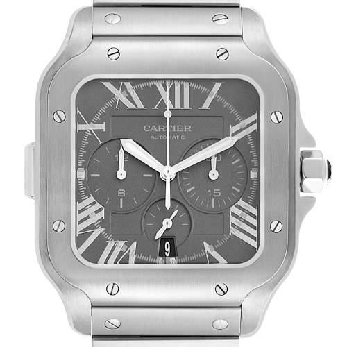 The image shows a front view of the Cartier Santos WSSA0078 Men's Stainless Steel Grey Dial WSSA0078 Men's Stainless Steel Grey Dial watch, highlighting its face, bezel, dial, and part of the bracelet.