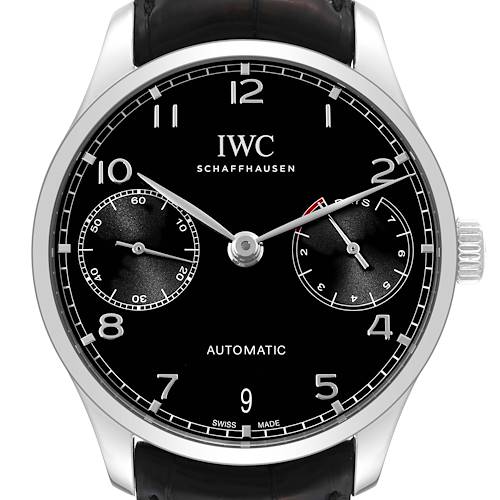 This image shows a front view of an IWC Portuguese IW500703 Men's Stainless Steel Black Dial IW500703 Men's Stainless Steel Black Dial model watch with a black dial, silver hands, and a leather strap.