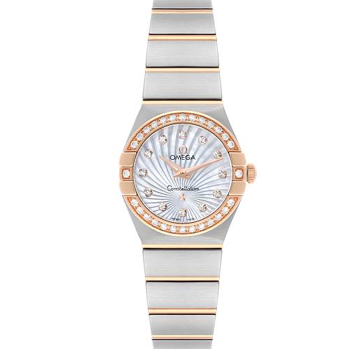 The Omega 123.25.24.60.55.002 Women's Steel and Gold (two tone) Mother of Pearl Dial 123.25.24.60.55.002 Women's Steel and Gold (two tone) Mother of Pearl Dial Constellation Steel Rose Gold Diamond Watch 123.25.24.60.55.002 is shown from the front, highlighting its face and band.