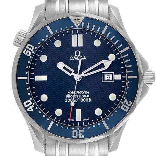 The Omega Seamaster 2541.80.00 Men's Stainless Steel Blue Dial 2541.80.00 Men's Stainless Steel Blue Dial watch is shown from the front, highlighting its dial, hands, markers, bezel, and part of the bracelet.