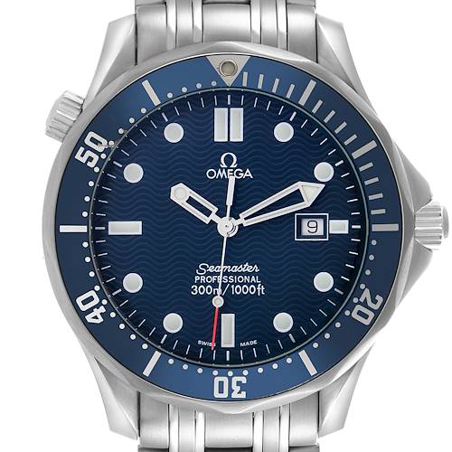 The image shows a front view of an Omega Seamaster 2541.80.00 Men's Stainless Steel Blue Dial 2541.80.00 Men's Stainless Steel Blue Dial watch, displaying the dial, bezel, and part of the bracelet.